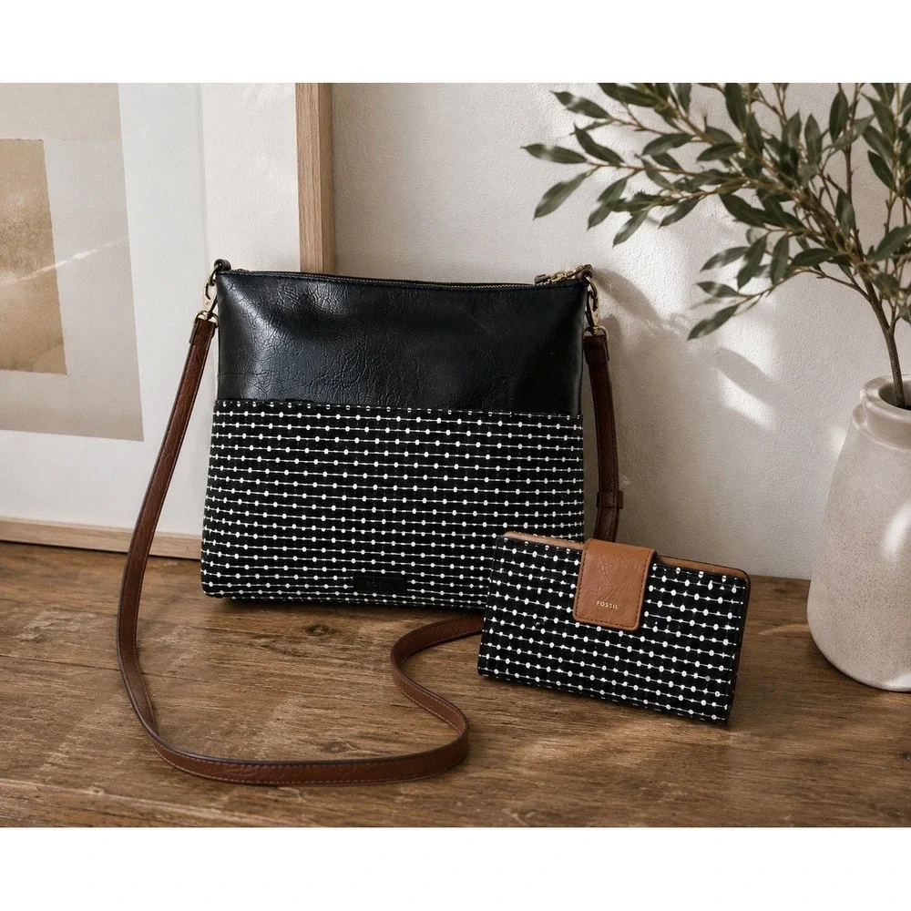 FOSSIL Matching Wallet & Bag Fiona Crossbody Purse Logan Clutch Black White Set